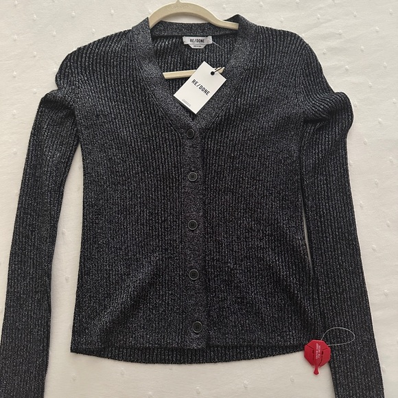 Re/Done 60s Ribbed Metallic Wool Cardigan Black Silver - Picture 2 of 5